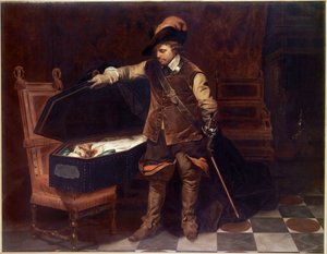 ""Oliver Cromwell før Charles I Stuarts kiste"" (1649). Oliver Cromwell (1599-1658) påtvinger en retssag mod kongen af ​​England, som vil blive dømt og halshugget den 9. februar 1649. Maleri af Paul Delaroche (1797-1856)