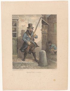 Militæret ringer til korporal, som gør sine forretninger på gaden kaporal! Venez reconnaître (titel på objekt) Litografiske skitser (serietitel) Croquis lithographiques (serietitel)