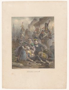 Mor sørger over sin dødeligt sårede søn på slagmarken La douleur maternelle (titel på objekt) Litografiske skitser (serietitel) Croquis lithographiques (serietitel)