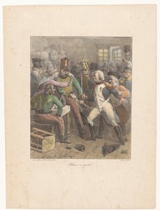 To soldater krydser sværd på en pub Vær på vagt! (titel på objekt) Litografiske skitser (serietitel) Croquis lithographiques (serietitel)