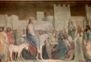 Kristi indtog til Jerusalem på palmesøndag: indbyggerne hilser ham med glæde ved at sprede deres tøj på gulvet med olivengrene. Detalje af en fresco af Hypolithe Flandrin (1809-1864) Saint Germain des Pres-kirken fra det 19. århundrede, Paris