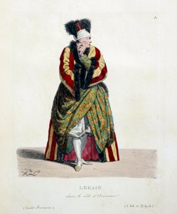 Den franske skuespiller Henri Louis Cain kaldte Lekain eller Le Kain (1729-1778) i rollen som Orosmane i Voltaires stykke Zaire (1694-1746) ved den franske komedie. Litografi af Hippolyte Lecomte (1781-1857) 1800-tallets privatsamling