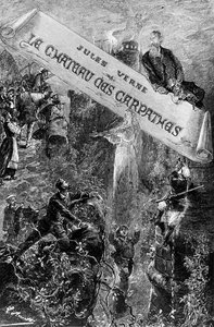 Illustration af omslaget til "The Carpathian Castle" af Jules Verne, udgivet af Hetzel, 1892 af Hippolyte Leon Benett