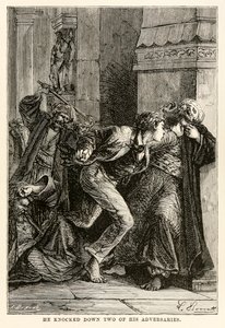 Han væltede to af sine modstandere, fra Around the World in Eighty Days af Jules Verne (1828-1905), indgraveret af Louis Dumont (f.1822), 1873