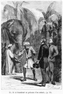 Phileas Fogg foran en elefant, illustration fra "Jorden rundt på 80 dage" af Jules Verne (1828-1905) sidst i det 19. århundrede