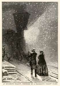 En enorm skygge, indledt af et flimrende gult genskin, fra Jorden rundt på firs dage af Jules Verne (1828-1905) indgraveret af Adolphe François Pannemaker (1822-1900), 1873 af Hippolyte Leon after Benett