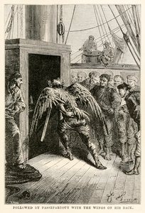 Efterfulgt af Passepartout med vingerne på ryggen, fra Jorden rundt på firs dage af Jules Verne (1828-1905), indgraveret af Adolphe François Pannemaker (1822-1900), 1873 af Hippolyte Leon after Benett