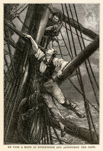 Han tog hånd om alt og forbløffede besætningen, fra Jorden rundt på firs dage af Jules Verne (1828-1905) indgraveret af Henri-Théophile Hildebrand (1824-97), 1873 af Hippolyte Leon after Benett