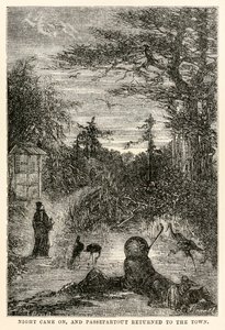 Natten kom, og Passepartout vendte tilbage til byen, fra Jorden rundt på firs dage af Jules Verne (1828-1905), indgraveret af Louis Prevost, 1873 af Hippolyte Leon after Benett