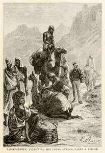 Passepartout tager, efter hans sædvanlige skik, en spadseretur, fra Jorden rundt på firs dage af Jules Verne (1828-1905), indgraveret af Adolphe François Pannemaker (1822-1900), 1873