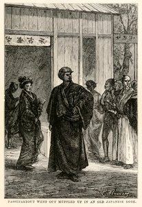 Passepartout gik ud, indhyllet i en gammel japansk kåbe, fra Jorden rundt i 80 dage af Jules Verne (1828-1905), graveret af Louis Prevost, 1873