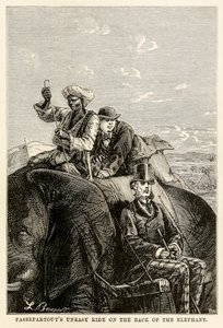 Passepartouts urolige ride på ryggen af elefanten, fra Jorden rundt på firs dage af Jules Verne (1828-1905) indgraveret af Adolphe François Pannemaker (1822-1900) 1873