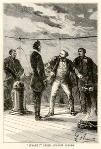 Pirat! råbte Andrew Speedy., from Around the World in Eighty Days af Jules Verne (1828-1905) indgraveret af Louis Dumont (f.1822) 1873