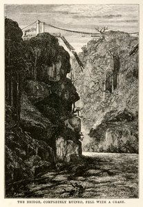 Broen, fuldstændig ødelagt, faldt med et styrt, fra Jorden rundt på firs dage af Jules Verne (1828-1905) indgraveret af Louis, 1873