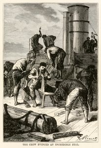 Besætningen udviste en utrolig iver fra Jorden rundt på firs dage af Jules Verne (1828-1905) indgraveret af Louis Dumont (f.1822), 1873 af Hippolyte Leon after Benett