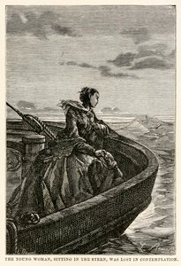 Den unge kvinde, der sad i agterstavnen, gik tabt i kontemplation, fra Jorden rundt på firs dage af Jules Verne (1828-1905), indgraveret af Jean Louis Prevost, (1790-1850), 1873