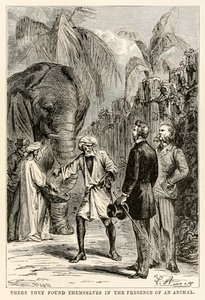 Der befandt de sig i nærværelse af et dyr, fra Jorden rundt på firs dage af Jules Verne (1828-1905), indgraveret af Adolphe François Pannemaker (1822-1900), 1873 af Hippolyte Leon after Benett