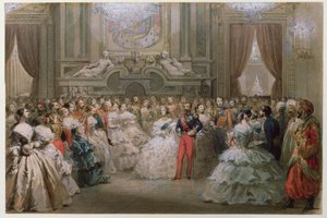 Dronning Victoria (1819-1901) og Prins Albert (1819-61) ved en gallamiddag givet af Napoleon III og Eugenie, 1853 (wc på papir)
