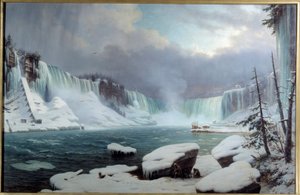 Den store Niagara grå stær, vintereffekt. Udsigt over Niagara Falls. Maleri af Hippolyte Victor Valentin Sebron (1801-1879)