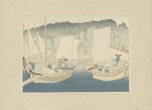 Både i havnen i Shiogama Shiogama (titel på objekt) Del tre, Tôhoku-området (serietitel) Dai sanshû, Tôhoku no bu (serietitel på objekt) Tryk af japanske landskaber (serietitel) Nihon fûkei hanga (serietitel på objekt) af Hirafuku Hyakusui