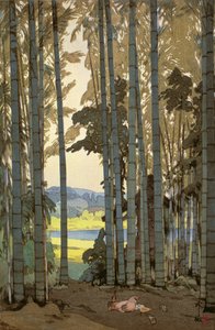 Høns i bambustræ (farvet træbloktryk) af Hiroshi Yoshida