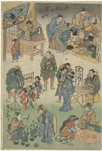 Natmarked med gadeteater i Joruri-gaden Billede af velstanden i Joruri-gaden (serietitel) Jorurimachi hanka no zu (serietitel på objekt) af Hiroshige (I) , Utagawa