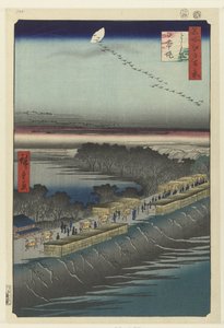 Udsigt over Nihonddijk ved Yoshiwara Yoshiwara Nihonzutsumi (titel på objekt) One Hundred Famous Faces på Edo (serietitel) Meisho Edo hyakkei (serietitel på objekt) af Hiroshige (I) , Utagawa
