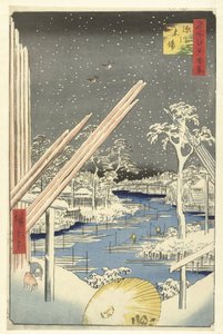 Tømmergård i Fukagawa Fukagawa kiba (titel på objekt) One Hundred Famous Faces på Edo (serietitel) Meisho Edo hyakkei (serietitel på objekt) af Hiroshige (I) , Utagawa