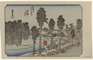 Namazu Nr. 13: Namazu: et af de treoghalvtreds bemærkede steder på Tokaido. Malet af Hiroshige (titel på objekt) De Tôkaidô van Hiroshige (serietitel) Hiroshige no fude Tôkaidô (serietitel på objekt) af Hiroshige (I) , Utagawa