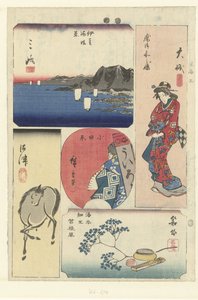 Nummer tre af Tokaido Tokai san (titel på objekt) Udskæringer af Tokaido (serietitel) Tokaido harimaze zue (serietitel) af Hiroshige (I) , Utagawa