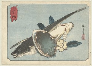 Fladfisk, abalone og bær Kochi awabi (titel på objekt) af Hiroshige (I) , Utagawa