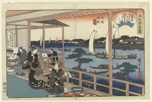 Restaurant Kawachiya i Yanagibashi, Ryogoku Ryogoku Yanagibashi Kawachiya (titel på objekt) Beroemde eethuizen i Edo (serietitel) Edo komei kaitei tsukushi (serietitel på objekt) af Hiroshige (I) , Utagawa