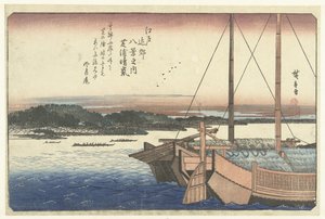 Solnedgang ved Shiba. Strand Shibaura no seiran (titel på objekt) Otte udsigter over Edo-området (serietitel) Edo kinko hakkei no uchi (serietitel på objekt) af Hiroshige (I) , Utagawa