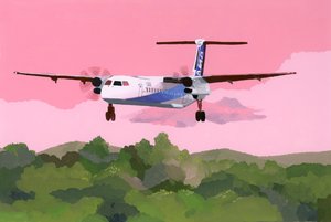 Fly lander på en lille flyveplads, 2015 (gouache på papir) af Hiroyuki Izutsu