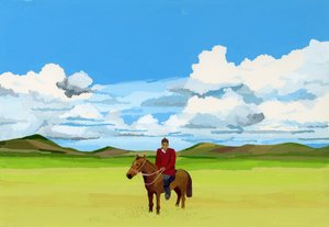 Mongolske stepper og folk, der rider på heste, 2015 (Gouache på papir) af Hiroyuki Izutsu