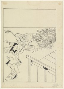 Landskab med en kvinde med en gren blomster i hånden af Hishikawa Moronobu