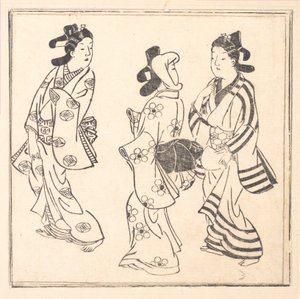 Blad fra en bog med titlen: Wakoku Hiaku-jo: Hundrede japanske kvinder af Hishikawa Moronobu