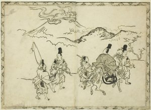 Narihiras østlige rejse, fra den illustrerede bog "Panorama over malerier på skærme og hængende skriftruller (Byobu kakemono ekagami)" af Hishikawa Moronobu