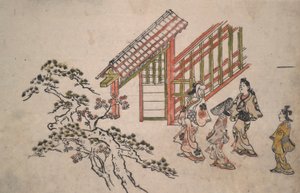 Tæt på New Yoshiwara Gate af Hishikawa Moronobu