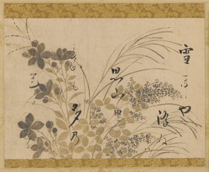 Blomster, græsser og et digt, Edo-perioden, 1615-1637.