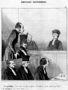 (Præsident) Du havde et levebrød, hvad gjorde du med det? (Den tiltalte) Jeg eksisterer med...,, serie af tegnefilm om parisiske følelser af Honore Daumier (1808-1879). “Charivari” af Honoré Daumier
