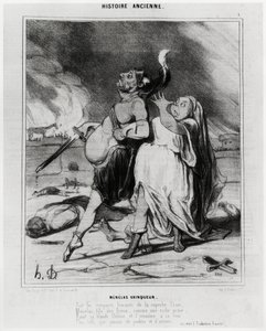 Oldtidshistorie: Vinder af Menelas, karikatur til illustration af et uddrag fra Iliaden af Homere: "På de røgfyldte volde i det fantastiske Troja, Menelas, gudernes søn, henriver som et rigt bytte sin blonde Helene og fører hende til sit hof Mere smuk end  af Honoré Daumier