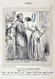 Kunstværk af Honore Daumier (1808-1879) Charivari: Serie FARIBOLES Le mari doit aide et protection a sa femme (Civil Code - Title du mariage) "" -Men hvem skal henvende sig til manden, hvis han føler behov for at blive beskyttet igen? (Note af en kunstner, af Honoré Daumier