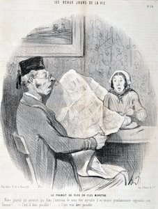 Kunstværk af Honore Daumier (1808-1879). Charivari: Serie LIVETS SKØNHED. Det stadig mere monsterformat "" -Vores avis, der annoncerer, at for at være imødekommende for dig, vil den snart øge sit format yderligere! er det muligt gud? "MUSE DES B af Honoré Daumier
