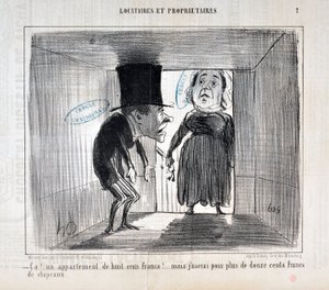 Kunstværk af Honore Daumier (1808-1879) Charivari stammer fra 1854: Serie TENNIQUES AND OWNERS "" Ca!... en lejlighed på otte hundrede francs!... men jeg vil bruge for mere end tolv hundrede francs hatte"" MUSEE DES BEAUX ARTS - PALAIS LONGCHAMP, MARSEILLE af Honoré Daumier