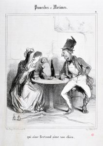 Kunstværk af Honore Daumier (1808-1879). Charivari stammer fra 1840: Serie PROVERBS ET MAXIMES "" der elsker Bertrand elsker sin hund "" MUSEE DES BEAUX ARTS - PALAIS LONGCHAMP, MARSEILLE af Honoré Daumier