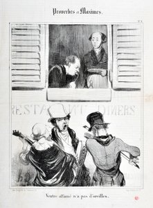 Kunstværk af Honore Daumier (1808-1879). Charivari stammer fra 1840: Serie PROVERBS ET MAXIMES "" Mavesult har ingen ører "" "MUSEE DES BEAUX ARTS - PALAIS LONGCHAMP, MARSEILLE af Honoré Daumier