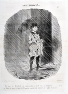 Kunstværk af Honore Daumier (1808-1879). Charivari stammer fra 1842: Serie MORES CONJUALES “” Min kone fortalte mig, vent på mig fem minutter. Jeg går op til min couturiere for en time for et kvarter siden, og døren siger, at på torvet i couturiere er der  af Honoré Daumier