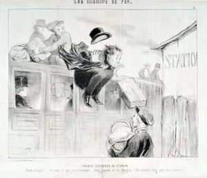 Kunstværk af Honore Daumier (1808-1879). Charivari stammer fra 1843: Serie LES Chemins de fer Tredive sekunder af station "" -Tiens Joseph! vla alt hvad jeg skal sende dig... tre pakker og en rejsende - Frem for alt pas på pakkerne”” MUSEE DES BEAUX ART af Honoré Daumier