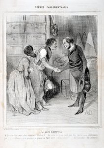 Kunstværk af Honore Daumier (1808-1879). Charivari stammer fra 1843: Serie SCENES PARLIAMENTARY. Valgbesøget. KUNSTMUSEET - PALACE LONGCHAMP, MARSEILLE af Honoré Daumier